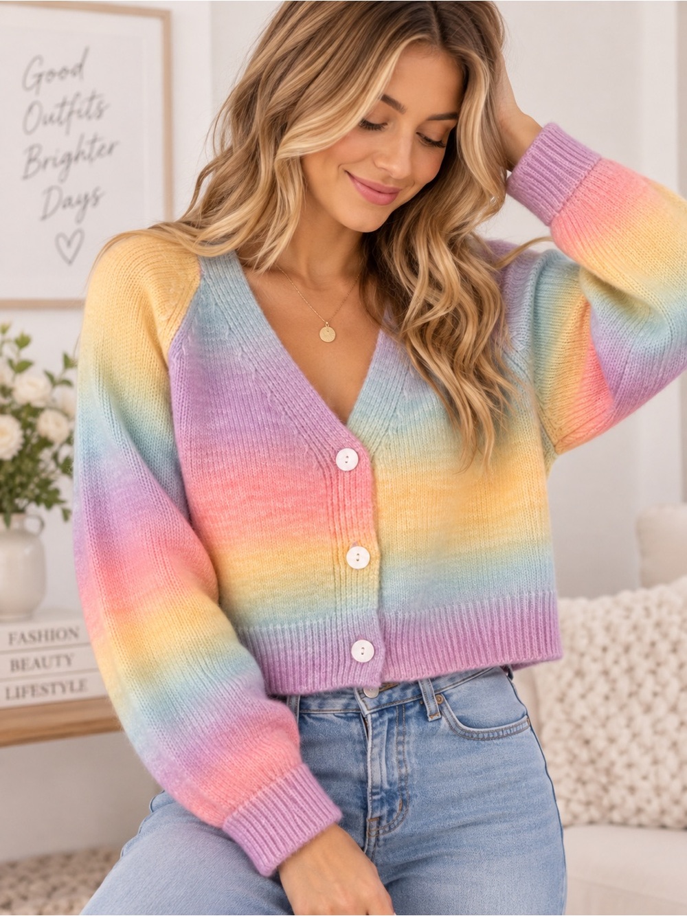 English Factory Rainbow Ombre Cropped Cardigan Sweater M Wool Blend